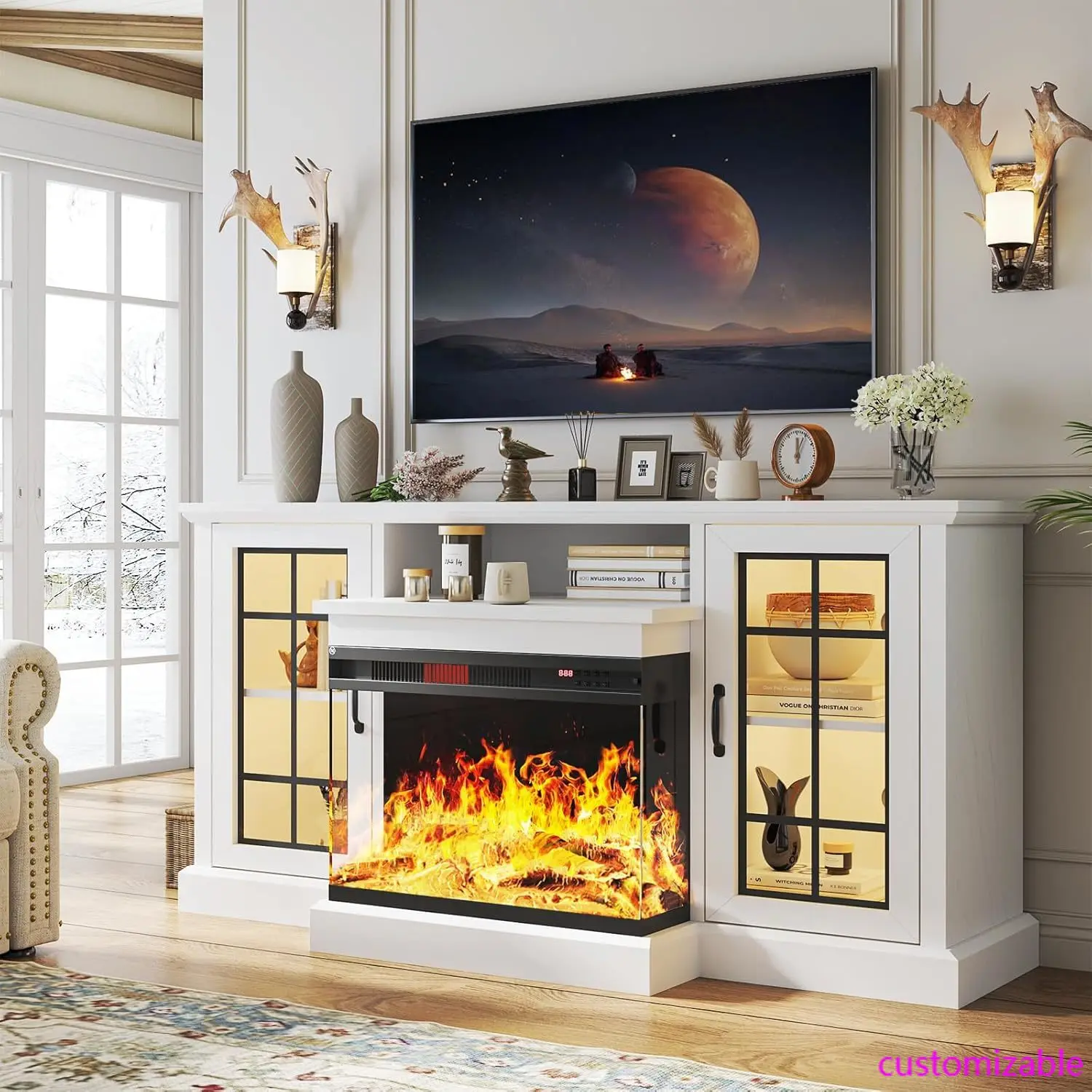 59"Glass Fireplace TV Stand w/ 3-Sided View-Holds 65" TVs Adjustable Flame LED Colors & Glass Doors