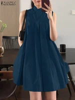 ZANZEA Elegant Sleeveless A-line Vestidos 2024 New Chinese Dress Women Pleating Party Dress Vintage Fashion Mandarin Collar Robe - Image 4