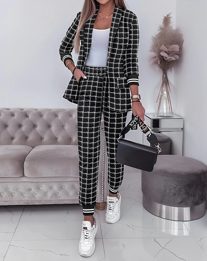 

Y2K Plaid Print Shawl Neck Coat&cuffed Pants Set 2023 Autumn New Fashion Temperament Commuting Two Piece Set Female Clothing