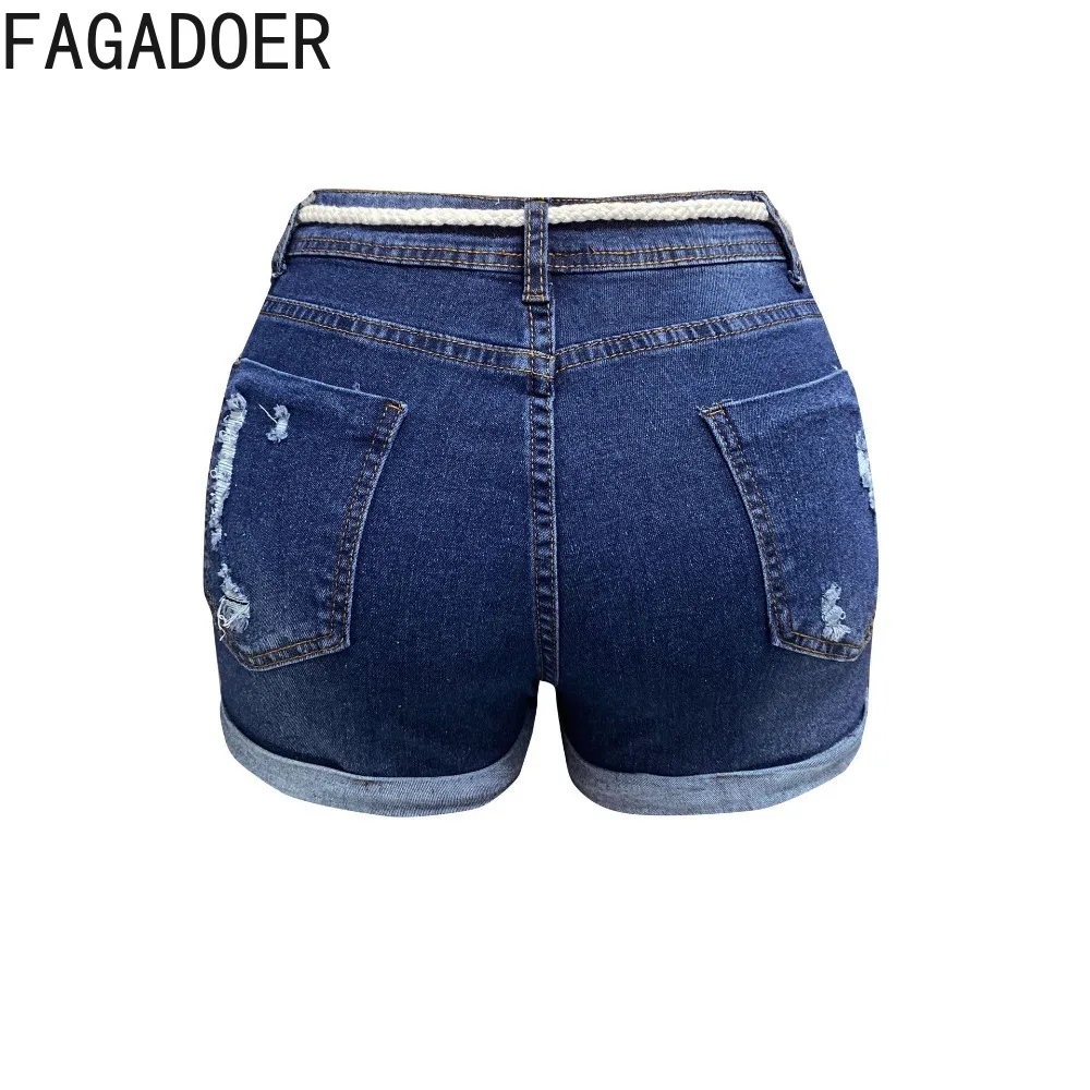 FAGADOER Fashion Hot Girl Street Women High Waist Drawstring Pocket Denim Shorts Summer Female Solid Color Bandage Slim Bottoms