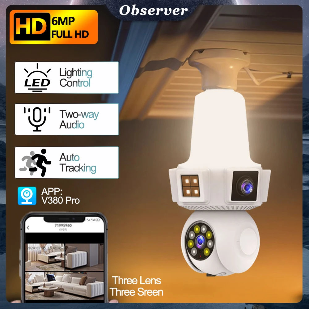 6MPBulbE27SurveillanceCamera3Lens3ScreensWirelessWIFICamIRNightVisionMotionDetectionIndoorPTZControlMonitor-AliExpress