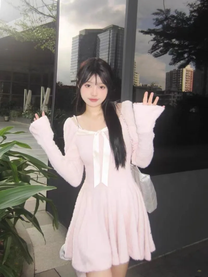 

Sweet Sling Dress Women Korean College Bow Pleated Spliced Soft Glutinous Temperament Gentle Pink Slim Winter Female Bottom Wear