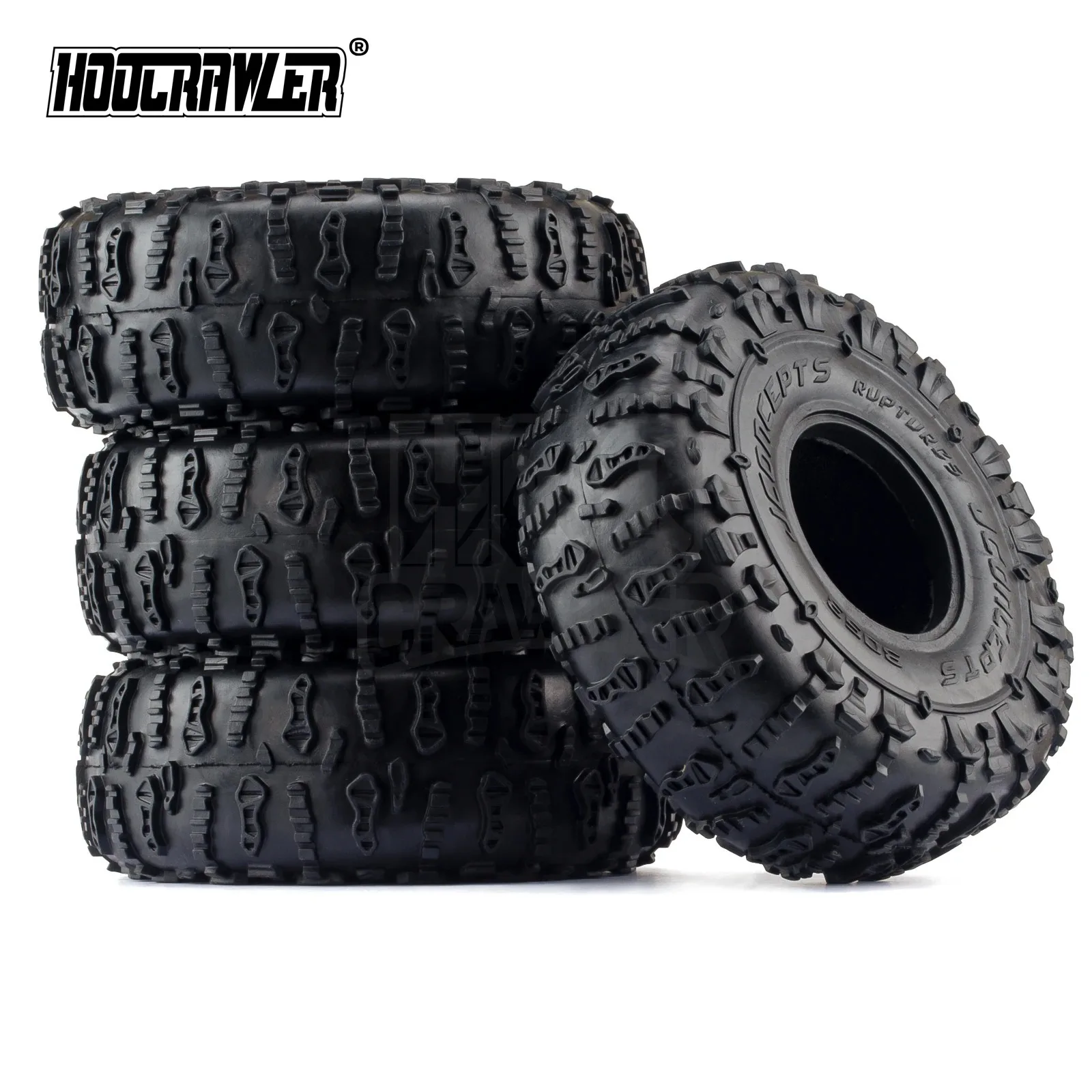 Pneus RC 2.2 pouces 150x65mm en caoutchouc pour 1/10 rock crawler, montrés sur une jante.