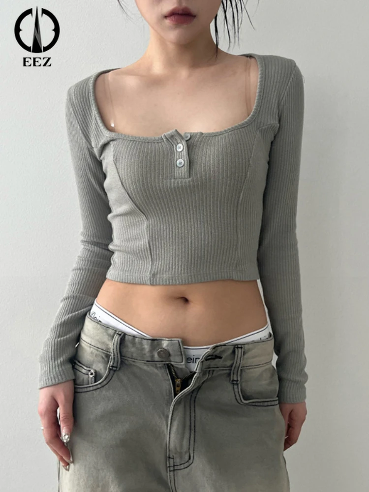 

Autumn Casual Retro Knitwear Women Grey Chic Elegant Slim-fitting Long Sleeve Tops Y2K Basic Button-up Square Collar Knitted Top