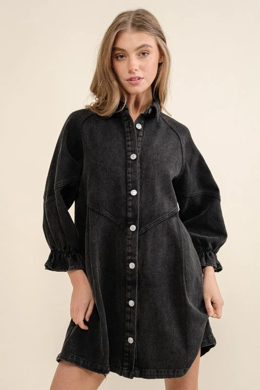 

2024 Spring Women Denim Dress Black Lantern Sleeve Pocket A-line Casual Dresses Spring Female Fashion Elegant Clothes Ladies