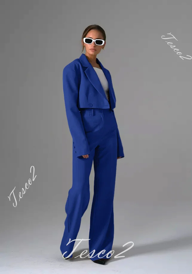 Tesco Office Pantsuit For Women Spring Short Crop Top+High Waist Wide Leg Pants Casual Double Breasted Blazer Women Chic Outfits