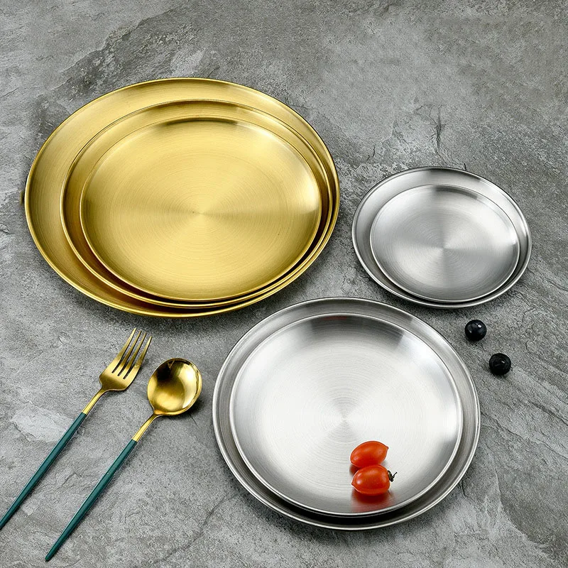14/17/20/23/26/30cm Stainless Steel Round Plate Korean Golden Single-layer Plate Western Food Dessert Cake Fruit Flat Bottom