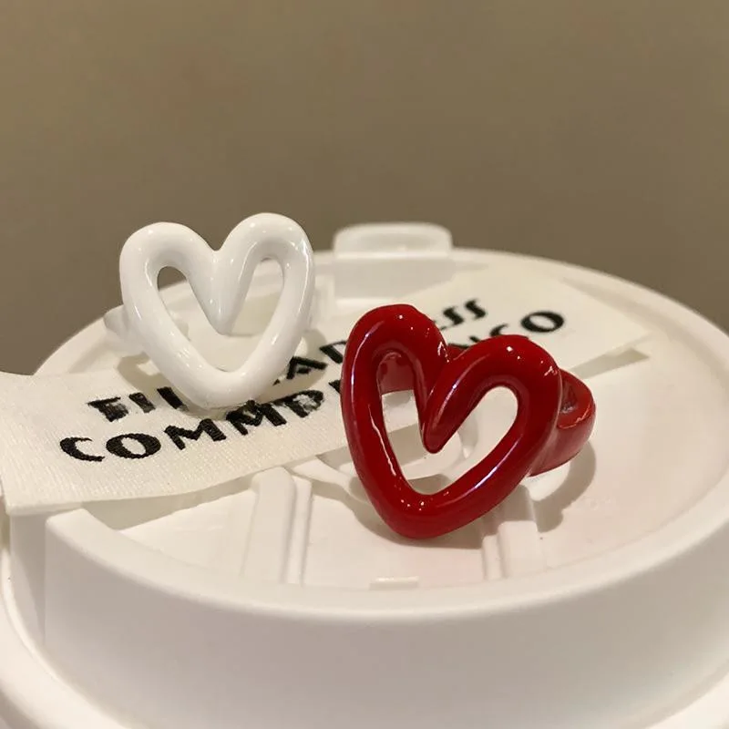LATS White Red Enamel Heart Sweet Ring Girls Trendy Geometric Dripping Oil...