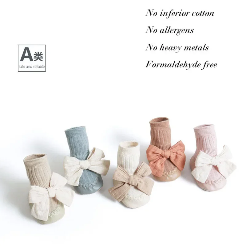 Autumn Winter Baby Girls Socks Newborn Baby Bowknot Socks Infant Anti Slip Soft Cotton Floor Sock Shoes