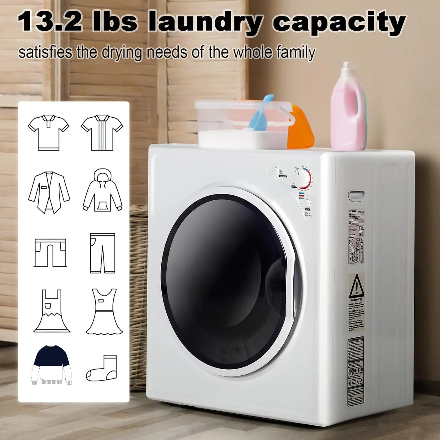 Laundry Dryer, 2.6 cu ft Front Load Stainless Steel Clothes Dryers with Exhaust Pipe, 1400W, Control Panel Four-Function Portabl 2