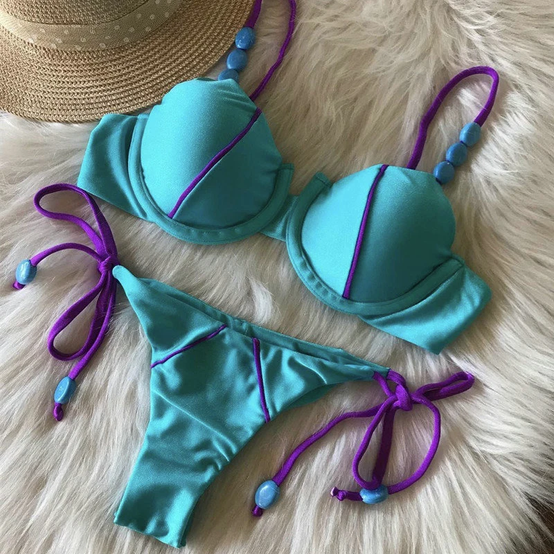 blue bikini set QINJOYER Sexy Swimwear Push Up Bikini Underwire Swimsuit Women Thong Bikini String Brazilian Swimwear Biquini Bathing Suit one one swimwear