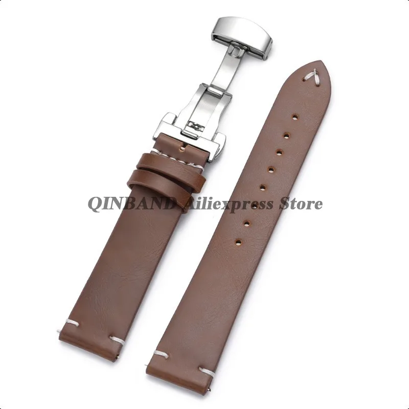 Stainless Steel Butterfly Clasp PU Leather Watchband - Soft Business Bracelet Strap in Black or Brown