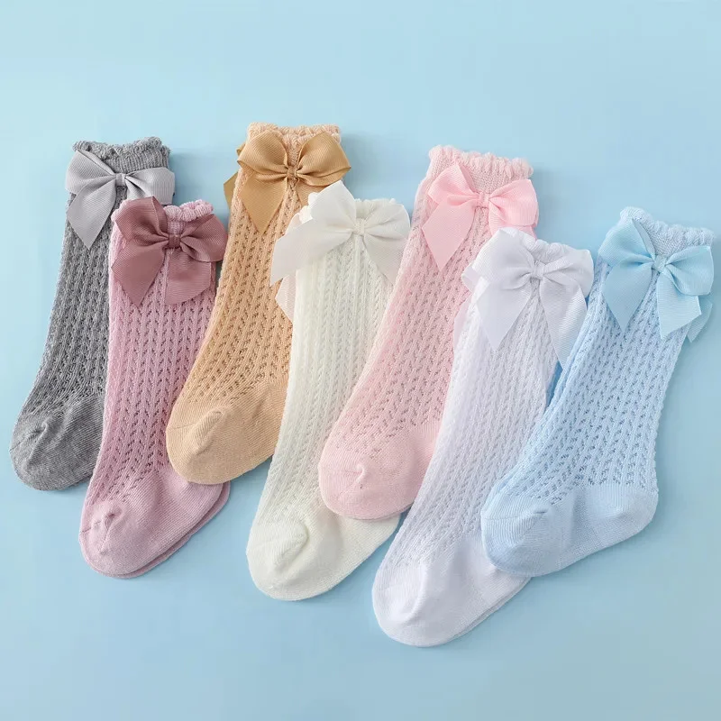 Baby Girls' Cotton Knee Socks, Recém-nascido, Infante, Princesa, Longo, Malha, Renda, Criança Bow, Verão, Novo, 0-24Month, 0-24Month