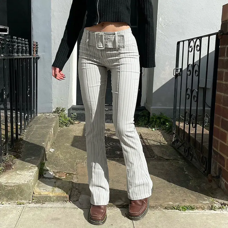 

Feiernan Woman Striped Pants Waistbands Design Mid Waist Flare Trousers Harajuku Streetwear White Wide Leg Bottoms Y2K Casual