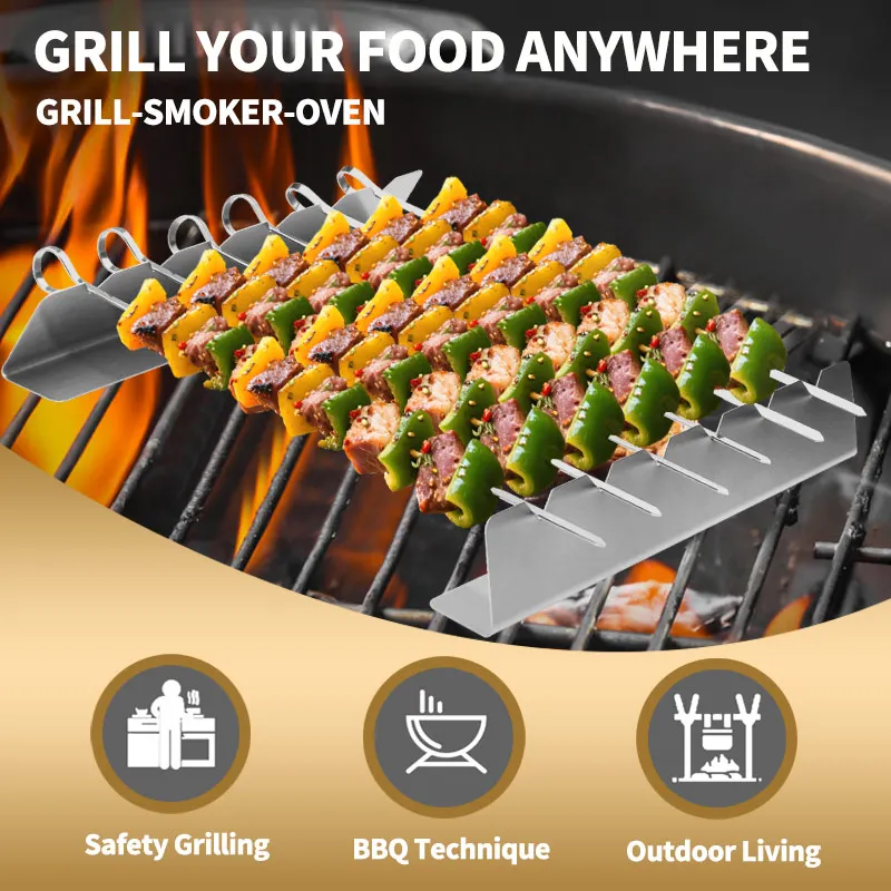 Stainless Steel BBQ Skewer Rack Holder Stand Anti-Stick Kebab Set for Outdoor Camping Picnic