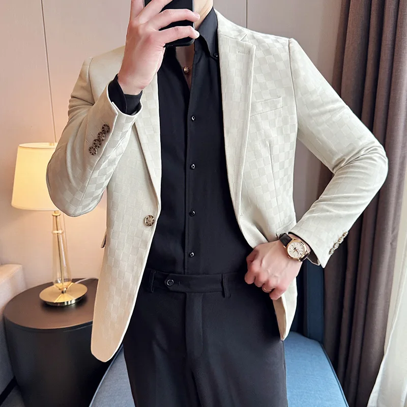 Spring Plaid Blazers Men Single Breasted Casual Business Suit Jacket Fashion Slim Social Banquet Wedding Groom Dress Coats