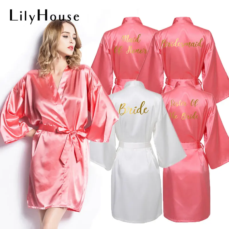 

Bridesmaid Robes Satin Silk Bride Robe Wedding Party Bride Dressing Gown Bridal Bathrobe Slippers Gold Print Coral