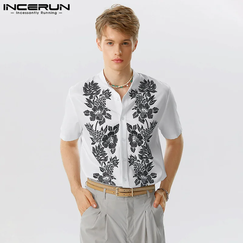 

INCERUN Tops 2023 Handsome Men's Fashionable Printed Collarless Blouse Casual All-match Male Hot Sale Short Sleeved Shirts S-5XL