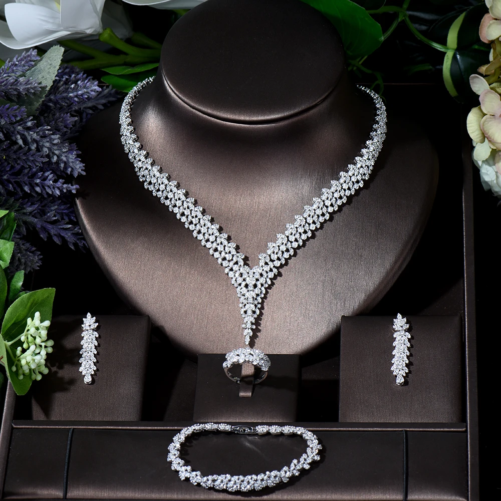 

Fashion Shinning Pave AAA CZ Dubai Jewelry Sets 2021 Women Wedding Zirconia Leaf Design Copper 4pcs Jewelry bijoux femme N-256