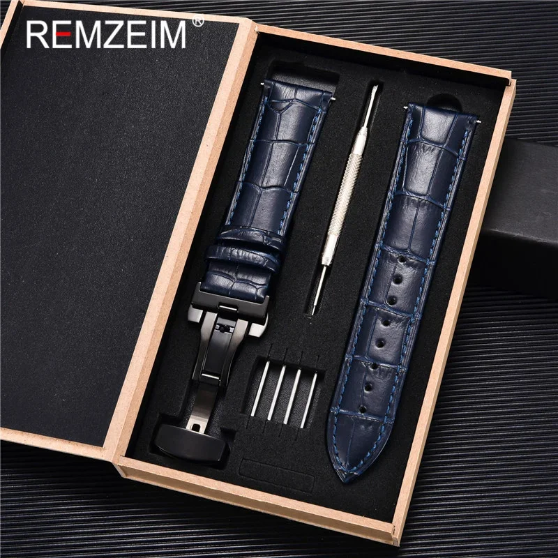 Premium Genuine Leather Watch Band with Stainless Steel Butterfly Clasp and Tool Set