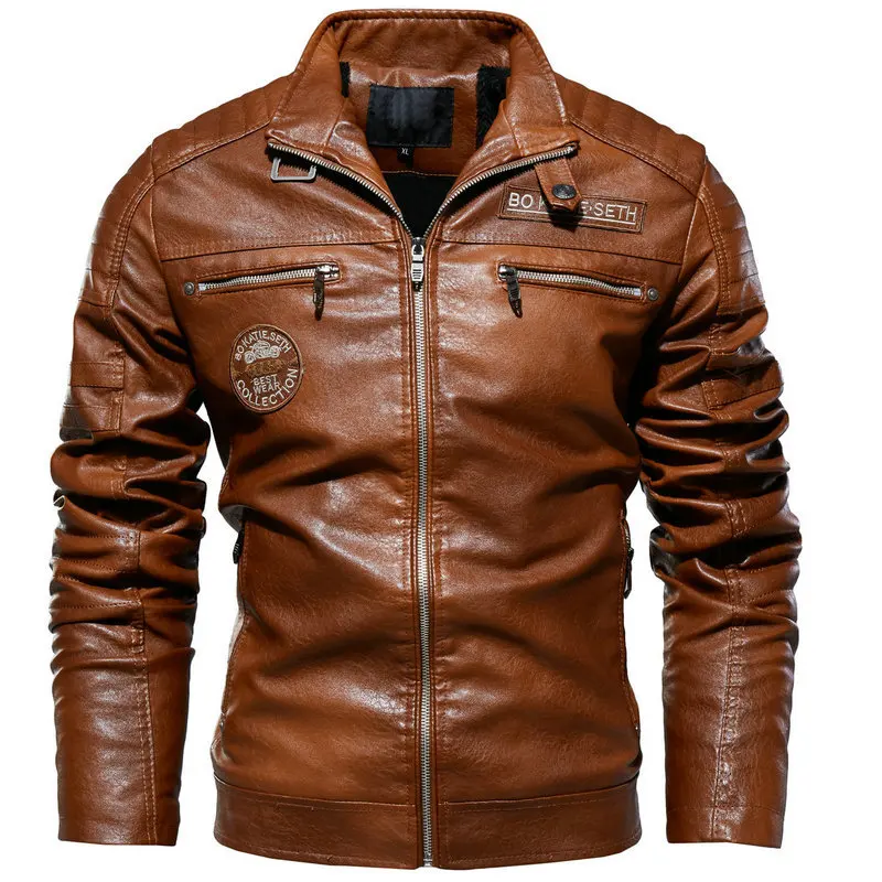 Men's Leather Jacket Winter Plush Retro PU Leather Bomber Flight Coat Outdoor Windproof and Waterproof Men's Leather windbreaker