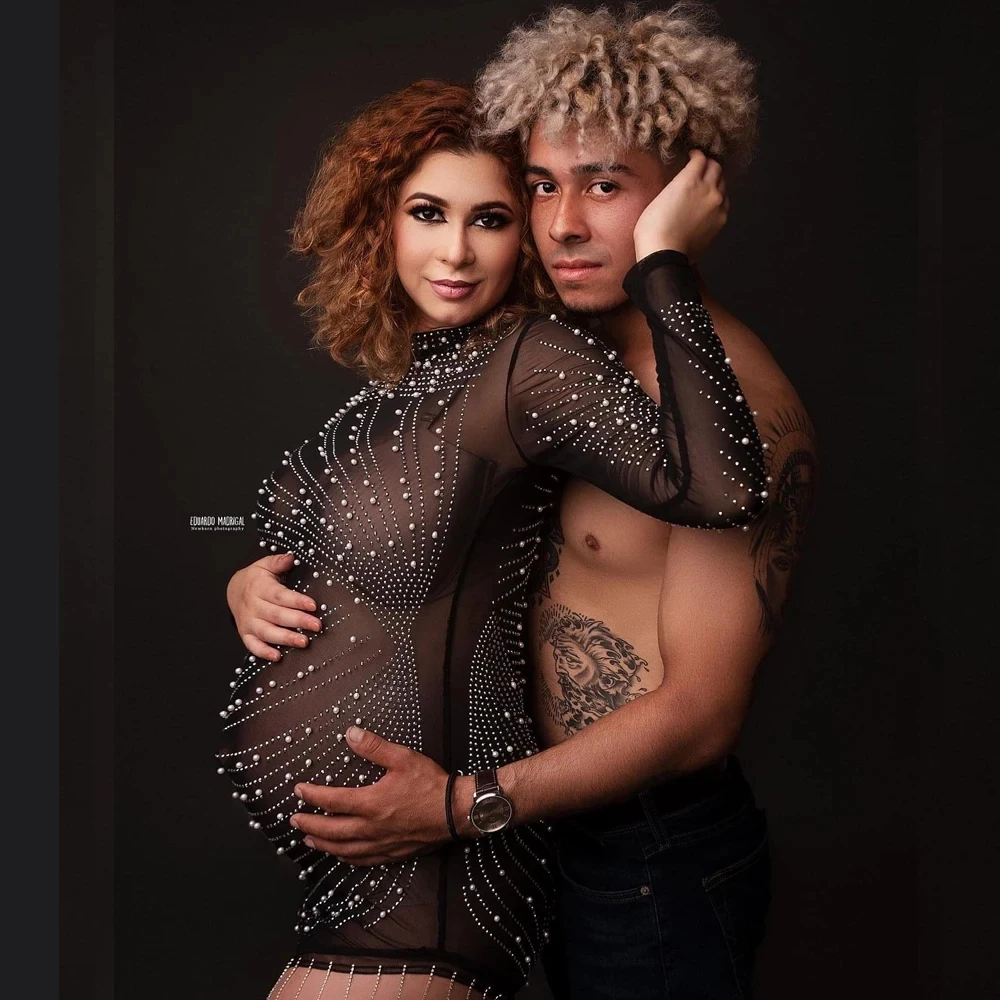 

Rhinestone Pearl Maternity Photography Dress Sexy Tassel Pregnancy Photo Shooting Dress Long Sleeve Pregnant Women Party Clothes