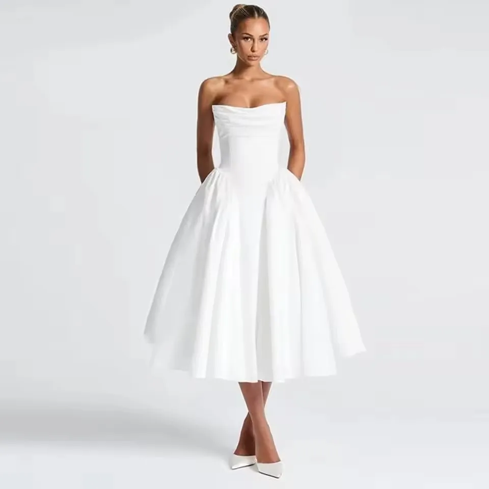 Customized Strapless Satin Pleated Wedding Dresses For Bride Tea Length A Line Prom Dress For Women Formal Party Gowns