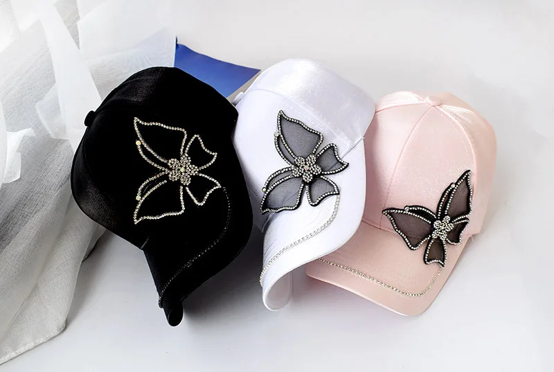 Fashion Butterfly Rhinestone Baseball Cap Women Summer Silk Satin Visor Sun Hat Leisure Adjustable Lady Snapback Cap
