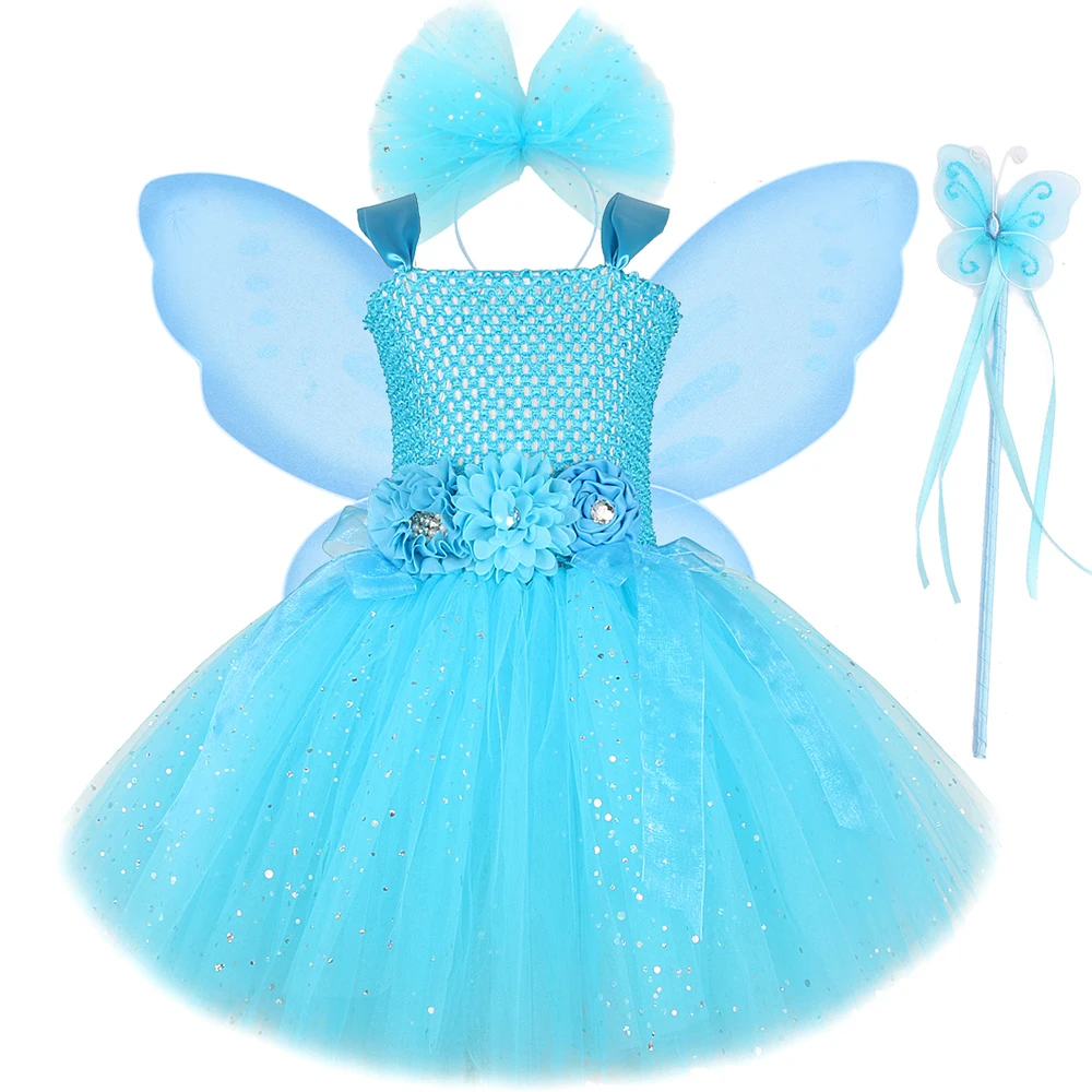 

Sparkly Turquoise Blue Fairy Costumes for Girls Christmas Halloween Tutu Dress Kids Birthday Outfit with Butterfly Wings Stick