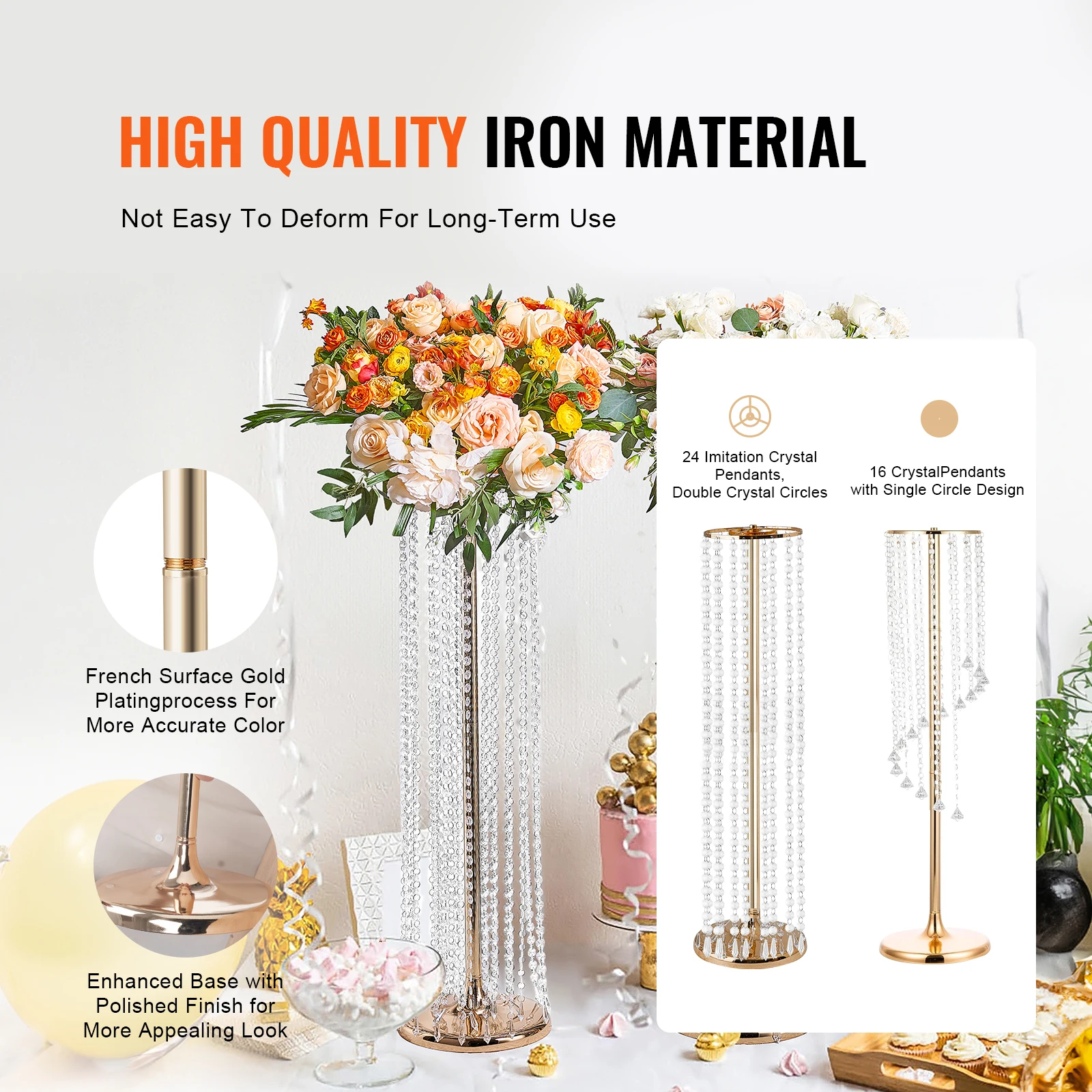 VEVOR 4PCS 35.43inch Tall Crystal Wedding Flowers Stand Luxurious Centerpieces Flower Vases Crystal Gold Vase Metal for Wedding