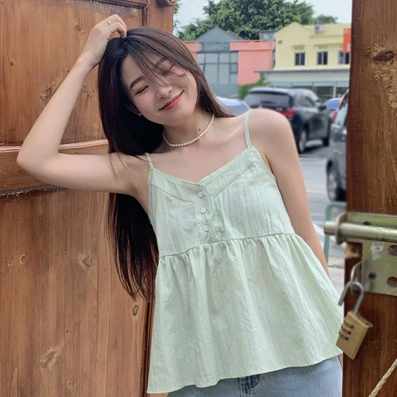 35375-f830ae.jpg Korean Version Loose Fit V Neck Camisole For Women Solid Color Sweet Lace Stitching Summer Casual Versatile Sleeveless Tank Top - Image 1