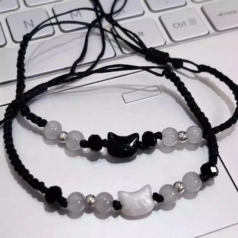 2pcs Cute Cat Beaded Couple Bracelet Hand Woven Adjustable Bangles Friendship Jewelry for Men Women Anniversary Gift Accessories