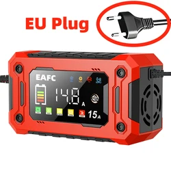 Advanced 12V Smart Battery Charger with 15A/8A Pulse Repair and Large Display for Lead Acid, AGM, and GEL Batteries (EU Plug)
