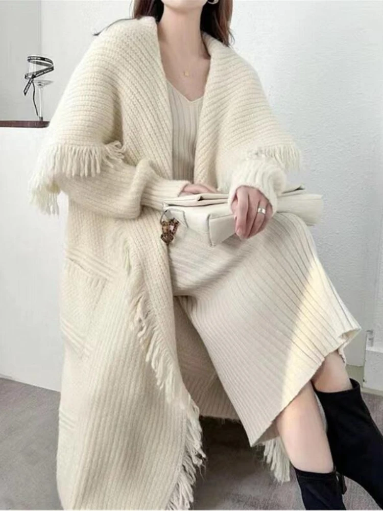 

Long Cardigans for Women 2023 Winter Knee Length Knitted Cardigan Autumn Fashion Loose Fitting Irregular Tassel Sweater Jacket