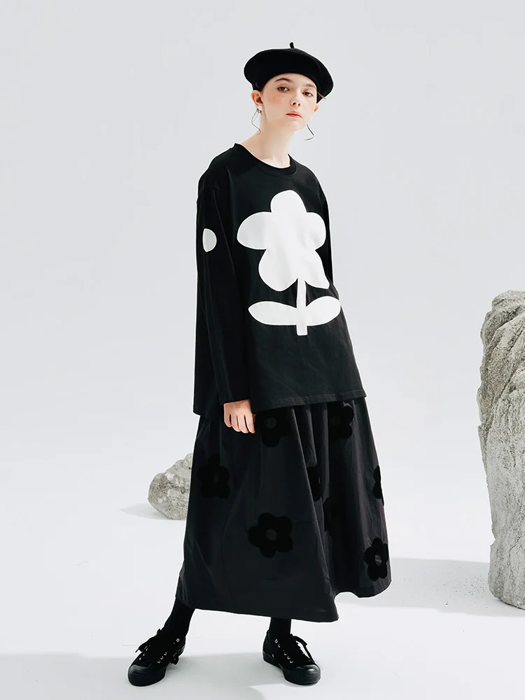 IMAKOKONI original design black flower loose wide leg pants elastic waist with solid color skirt female 234234
