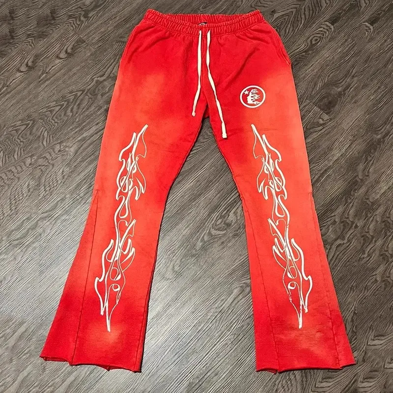 

New Red Flare Sweatpants Men Women Vintage Jogger Drawstring Flare Patchwork Pants Pants