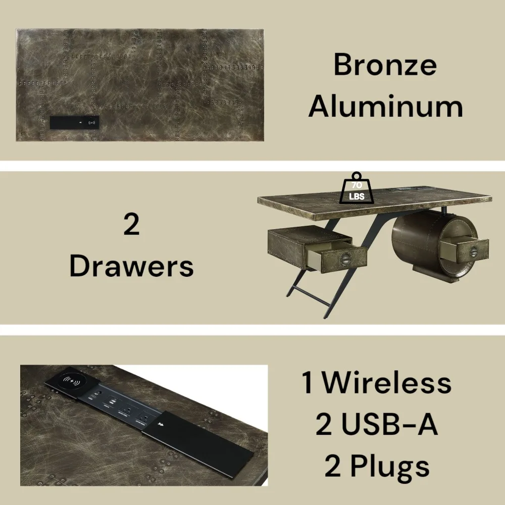 Brancaster Bronze Aluminum & Oak Finish Writing Desk with USB Port, Two USB-A Ports, and Two Standard Plugs,Computer Desks 2
