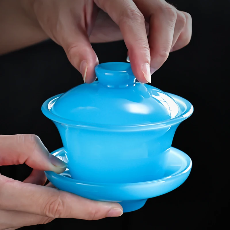 Chinese Tea Bowl Ice Blue Jade Porcelain Gaiwan Glass Coloured Glaze Large Capacity Kungfu Gawian Tea Set for Cha Hai
