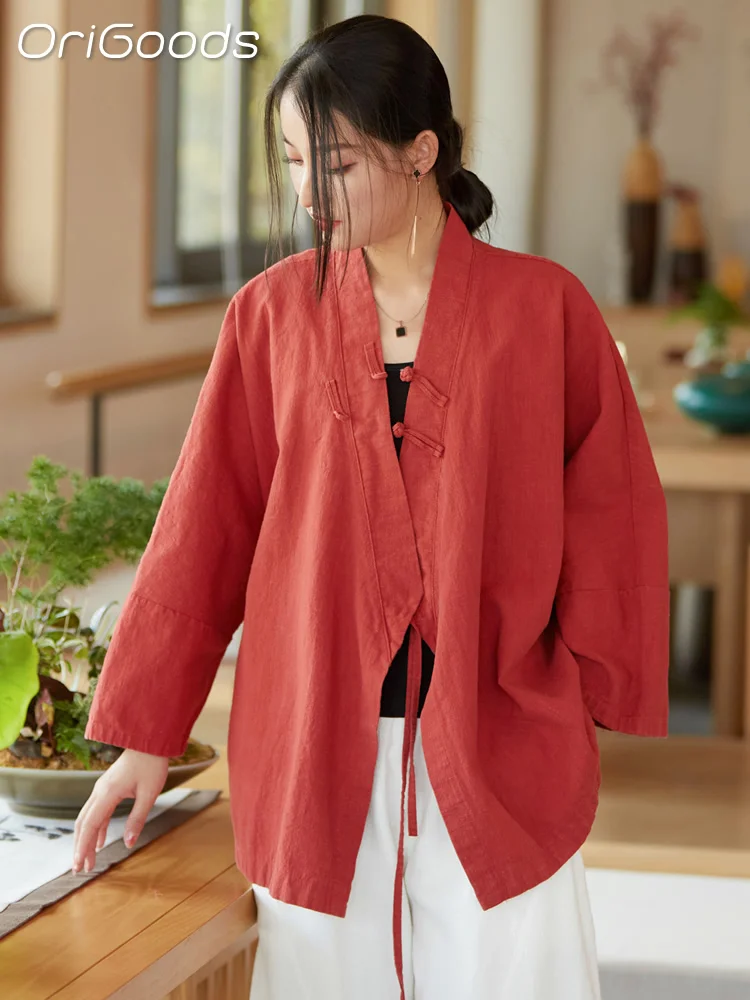 OriGoods Kimono Shirt Woman Ramie Cotton Chinese Style Kimono Tops