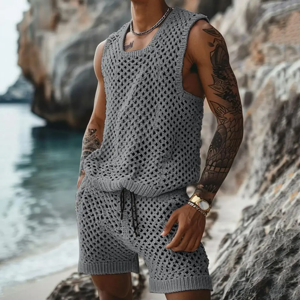 Vest Shorts Set Men's Casual Sleeveless Knit Top Drawstring Shorts Set for Daily Wear Elastic Waist Wide Leg Shorts for Men's 4