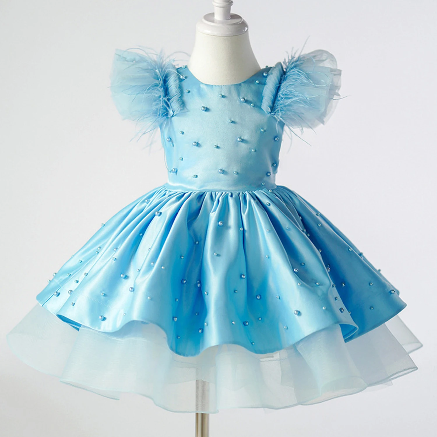 

LSYXH Baby Girls Feather Flutter Sleeves Beaded Flower Girl Birthday Party Pageant Gown