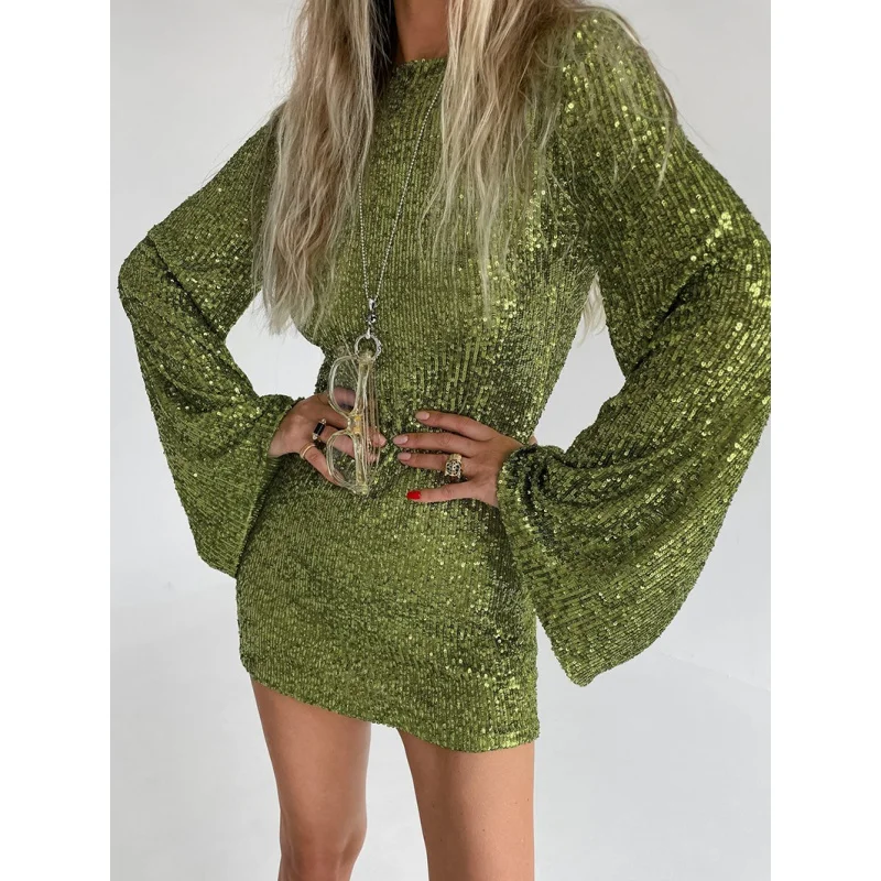 

Green Sequined round-Neck High Waist Bell Sleeve Slim Sheath Dress 2024 New Spring Fashion Wholesale Yy18