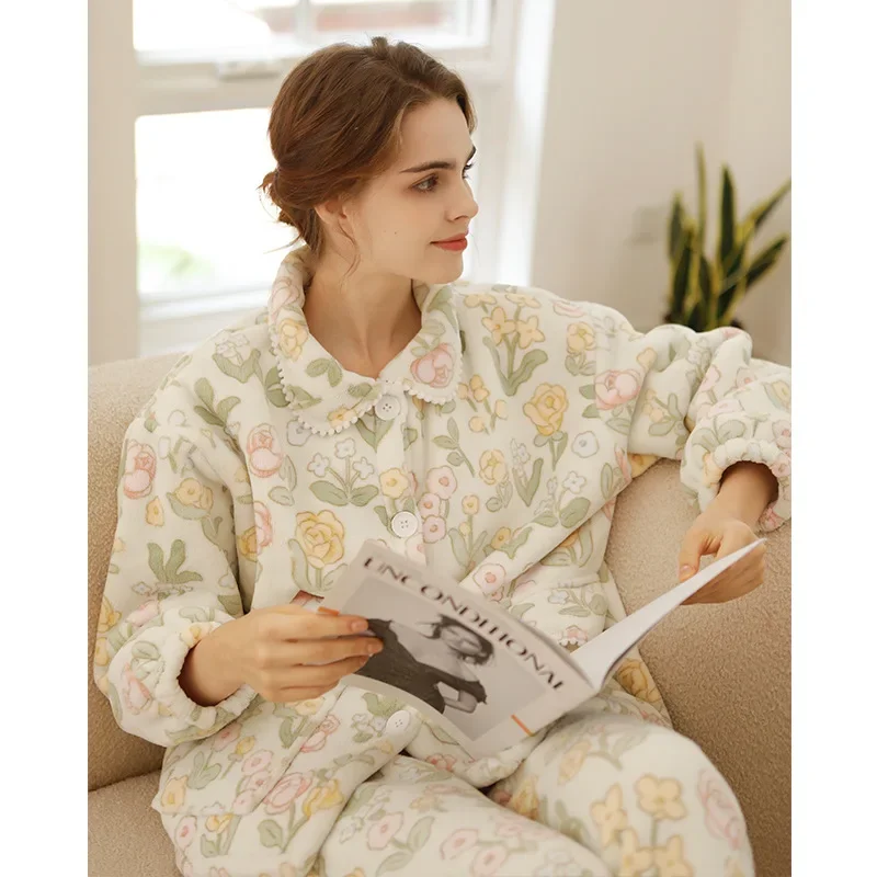 New Winter Women Pajamas Set Thickened Fashion Elegant Composite Fleece Warm Tulip Printing Long Home Sleepwear Women's Clothing
