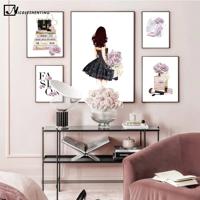 HD Print Flower Book Perfume Fashion Art Painting Aesthetic Stylish Canvas  Poster Girl Room Decor Picture Mural for Beauty Salon