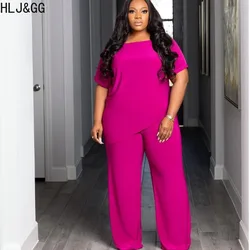HLJ&GG Casual Solid Plus Size Two Piece Sets Women O Neck Short Sleeve Irregular Top And Wide Leg Pants Outfit Female Tracksuits