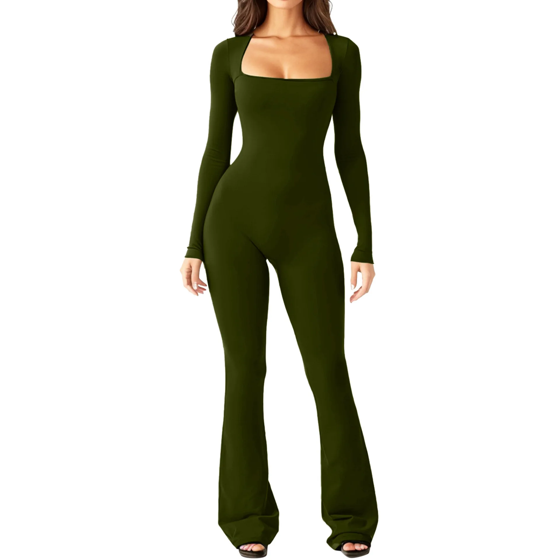 Women Jumpsuit Solid Sexy Slim Square Collar Long Sleeve Jumpsuit Female Stretchy Flare Pants Bodycon Rompers Fashion Streetwear