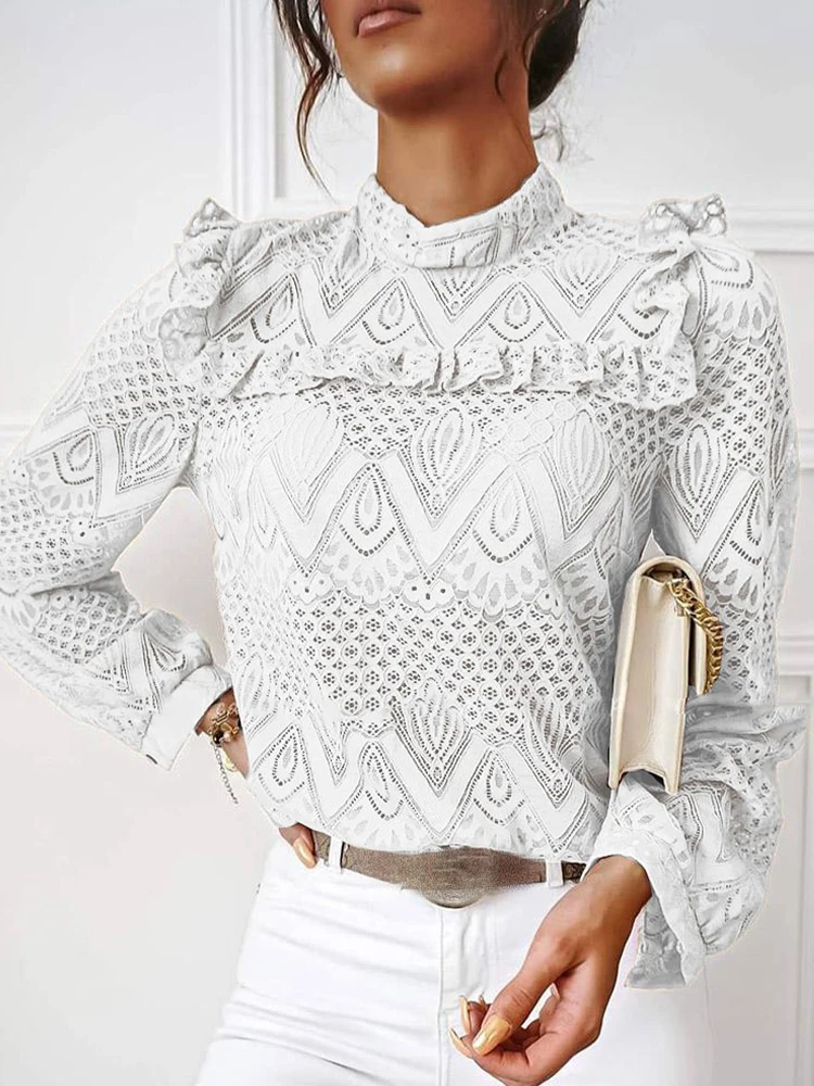 

Женская кружевная блузка с длинным рукавом, элегантная офисная белая плиссированная Блузка с оборками, осень