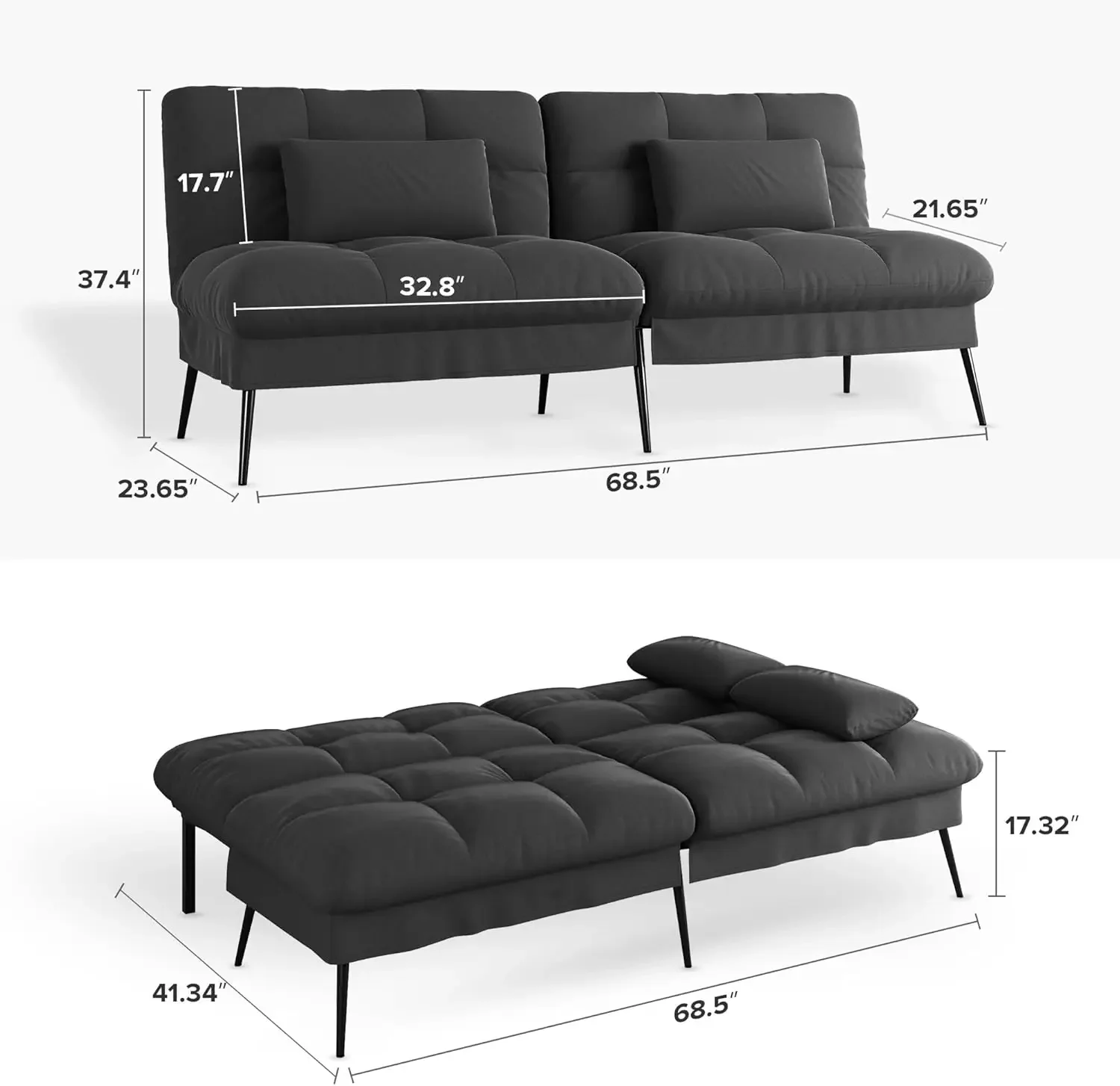 Convertible Futon Sofa Bed, 68&Prime;Fabric Couch with Adjustable Backrest,Folding Futon Sleeper Recliner for Living Room Furniture