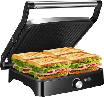 1200W Panini Press Grill with Adjustable Temperature, 4-Slice Indoor Grill, 180° Open Sandwich Maker with Drip Tray 1