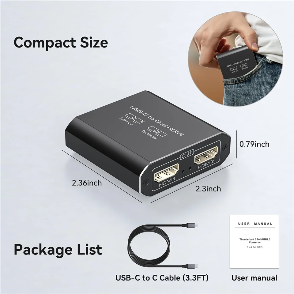 4K 60Hz Thunderbolt 3 to Dual HDMI Adapter USB C Type C to HDMI Hub Splitter 1 I